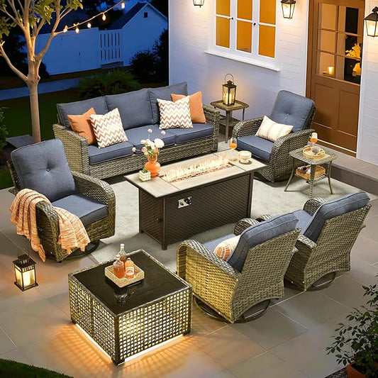 ovios 9 Pieces Patio Furniture Set, Outdoor Wicker Sofa Couch with Swivel Glider Chairs Fire Pit Table, Modern Deep Seat Rattan Conversation Sets for Deck Porch, Denim Blue