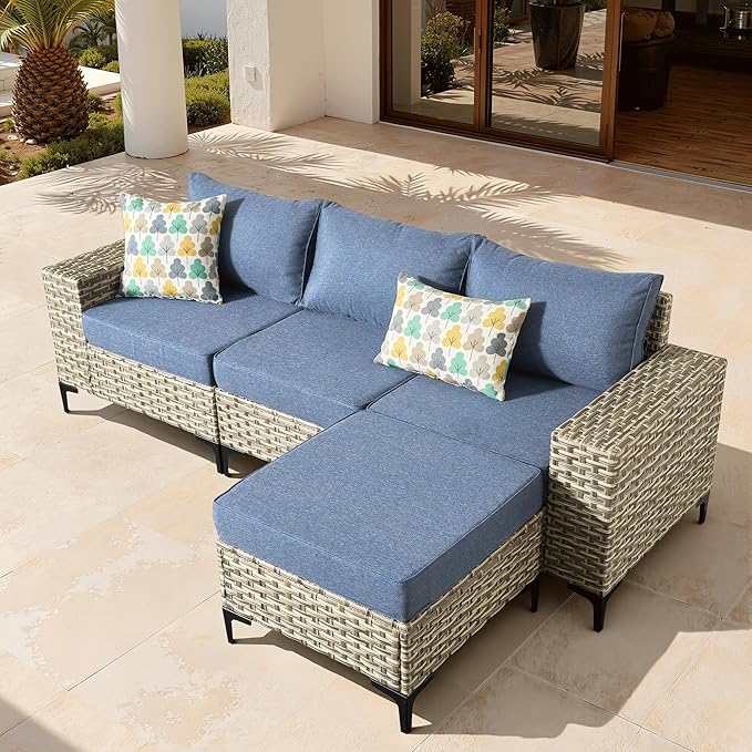 ovios 4-Piece Patio Furniture Set with L-Shape Sofa Chaise, Outdoor Sectional Couch Comfy Cushions, Modern Modular Wicker Rattan Conversation Set, Denim Blue