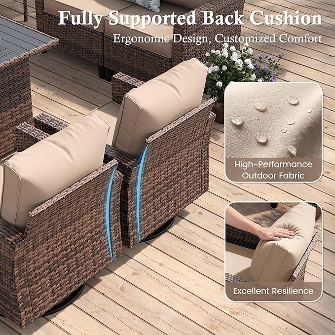 Amopatio Patio Furniture Set, 6-Piece Wicker Outdoor Sectional Sofa with Swivel Rocker Chairs, Rattan Conversation Set with Storage Coffee Table and Waterproof Cover for Backyard Brown/Khak