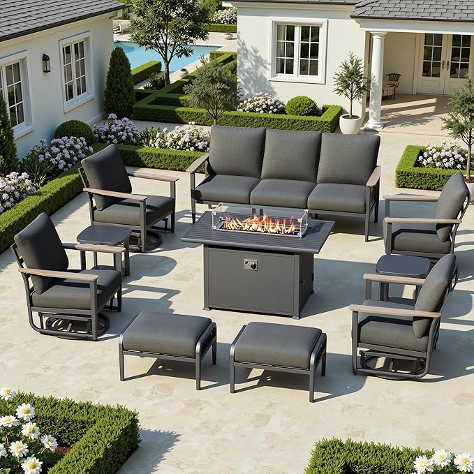 9-Seat Outdoor Patio Furniture Set with Rocking Swivel Chairs, Aluminum Sectional Sofa with Ottomans Patio Conversation Set with 55,000 BTU Fire Pit Table & High Backrest, Dark Grey