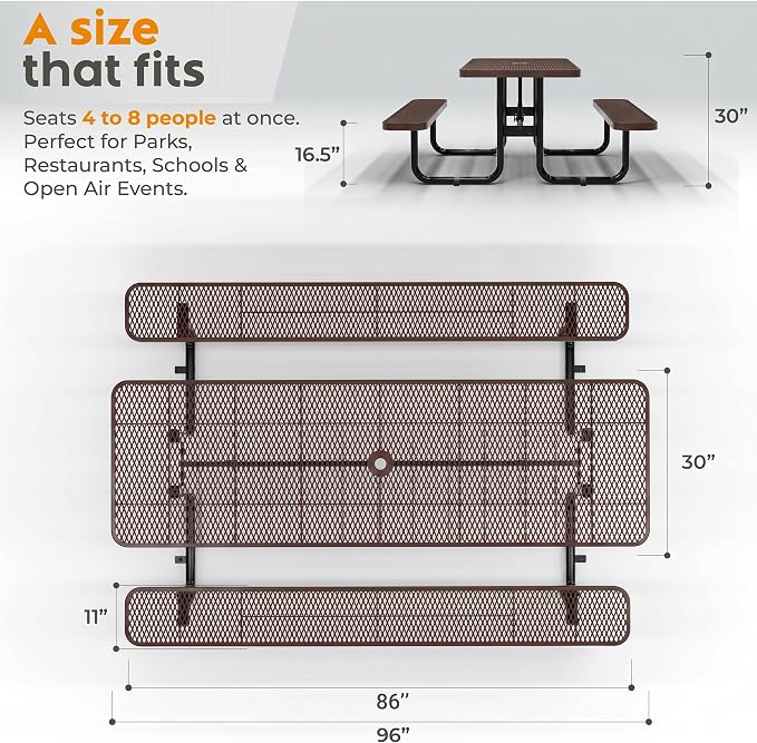 Commercial Heavy-Duty Metal Picnic Table - ADA Compliant, Adjustable Seats, Umbrella Hole, Expanded Metal (Dark Brown, 8' Rectangular)