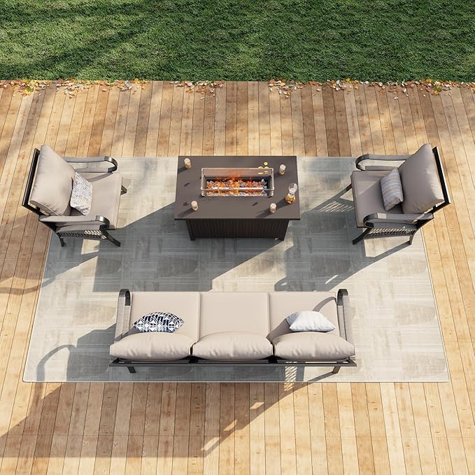4 Pieces Patio Furniture Set, Metal Outdoor Conversation Sets with Fire Pit Table for Backyard Garden Deck Porch Poolside (Thick Beige Cushions)
