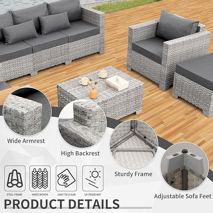 WAROOM Patio Furniture Set 6 Piece PE Rattan Outdoor Conversation Sets Grey Wicker Couch Sectional Sofa with Storage Coffee Table and Grey Cushion