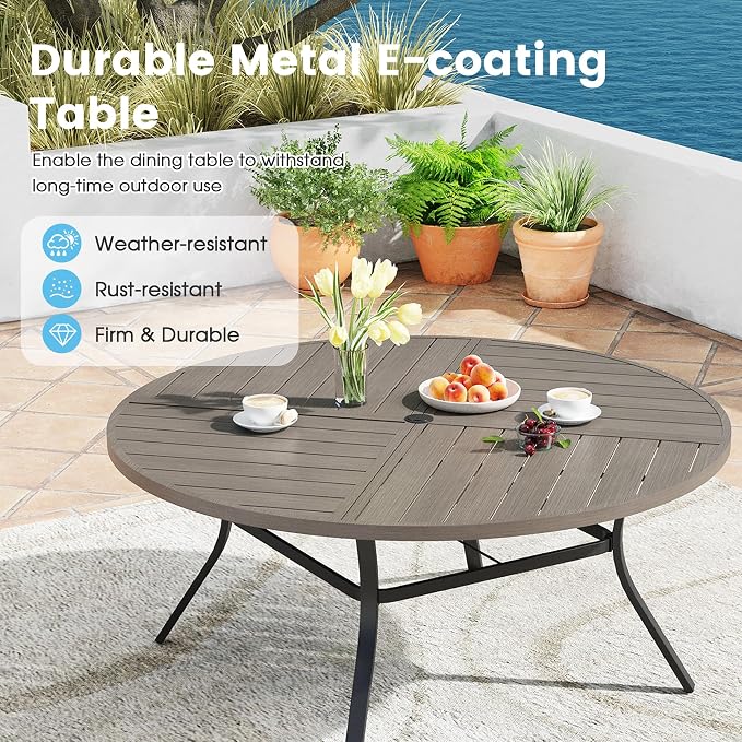 9 Pieces Patio Furniture Dining Set, 8 Textilene Swivel Dining Chairs, 60" Outdoor Round Metal Table with 1.57" Umbrella Hole, Outdoor Dining Set for Porch, Lawn, Garden, Grey/Sand