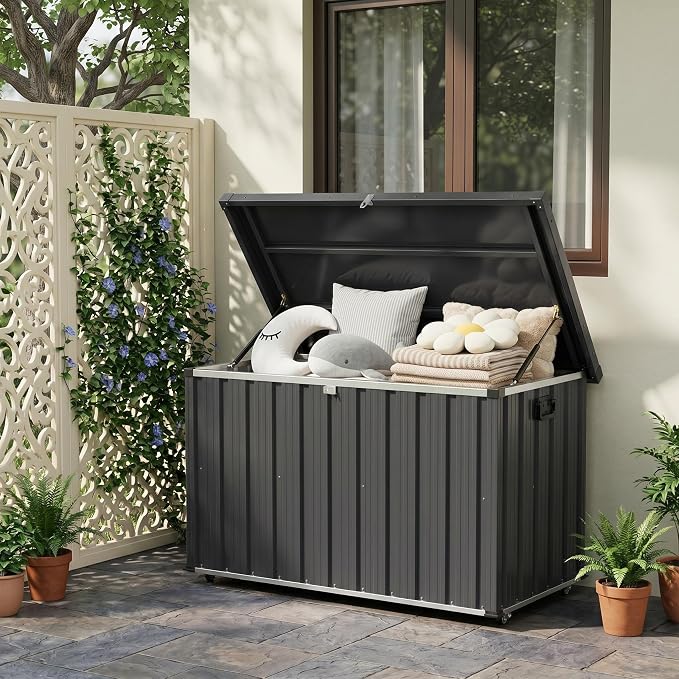 Metal Deck Box Outdoor Patio Storage Container with Wheels, 120 Gallon Heavy-Duty Steel Storage Chest Built with Galvanized Frame & Coated Panels, Large Weather-Resistant Bin for Deck, Porch, Pools
