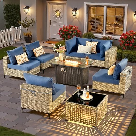8 Pieces Patio Sectional Furniture Set, Outdoor Wicker Sectional Couch with Firepit Solar Lights Table, Modern Conversation Set for Porch Balcony Backyard, Denim Blue