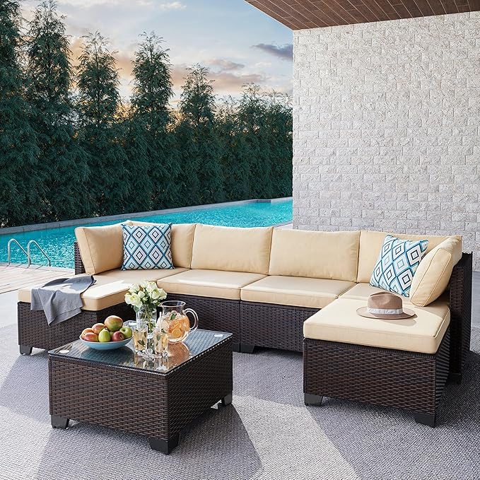 Gizoon 7 Pieces Outdoor Patio Furniture Set, All-Weather PE Rattan Wicker Sectional Sofa Seating with Waterproof Cushions and Coffee Table, Outdoor Conversation Set for Garden, Backyard, Balcony