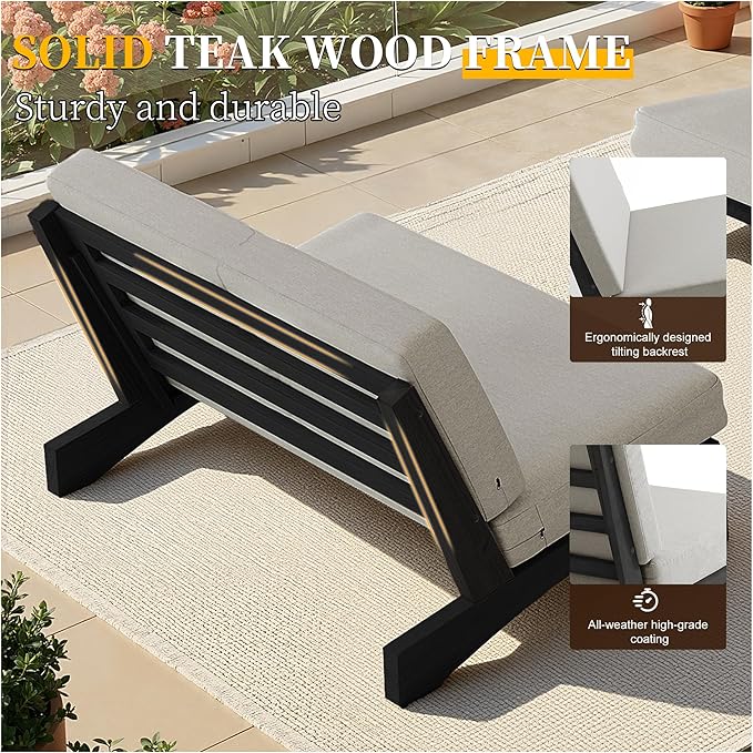 UIXE 7 Pieces Black Wood Patio Furniture Sets, 2 Patio Loveseat, 4 Patio Bistro Chair, All Weather Outdoor Sectional Sofa Furniture Backyard Conversation Set with Coffee Table - Light Camel