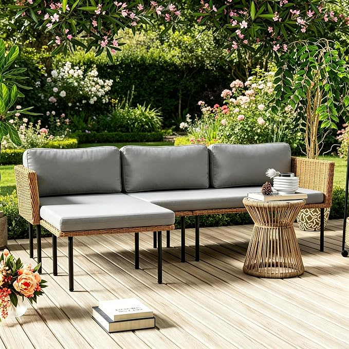 DECMICO 3-Piece Patio Furniture Set, L-Shaped Outdoor Sectional Sofa with Thick Cushions, All-Weather Rattan Conversation Set, Boho Style Detachable 3-Seater Lounger (Charcoal Grey)