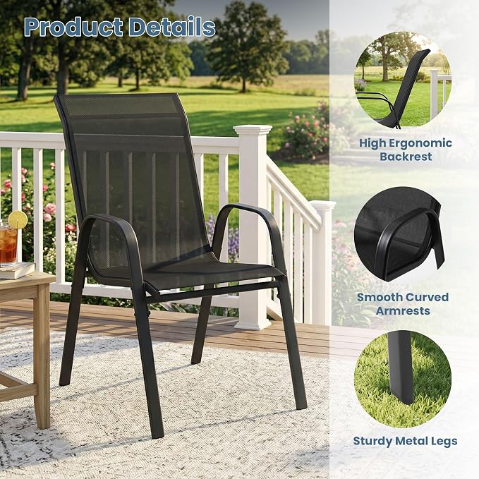 DIFY 11 Piece Outdoor Dining Set, 60" Black Round Metal Patio Table and Dark Grey Textilene Stackable Chairs for 10, All Weather Patio Furniture Set with Umbrella Hole for Backyard Garden Deck