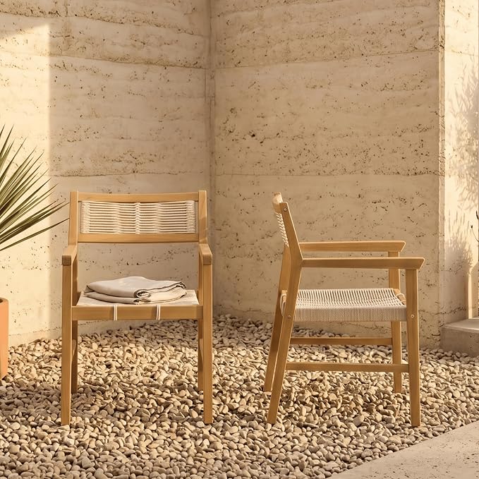 NTC Terra 4 Pieces Solid Wood Armchairs with Handwoven Rope Seat & Back, Indoor & Outdoor Dining Chairs for Patio Dining Sets, Modern Patio Chairs with Arms, Easy Assembly, Natural
