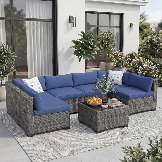 Litake 7 Piece Patio Furniture Sets, Iron Frame with Gradient Wicker, Soft Cushions, Modular Outdoor Conversation Furniture for Garden, Backyard & Patio