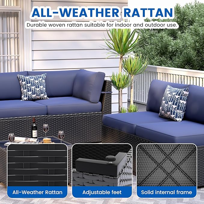 8 Piece Patio Furniture Set with 44” Fire Pit Table All-Weather Wicker Conversation Sectional Sofa & Coffee Table with Thickened Cushions for Backyard, Garden(Navy Blue)