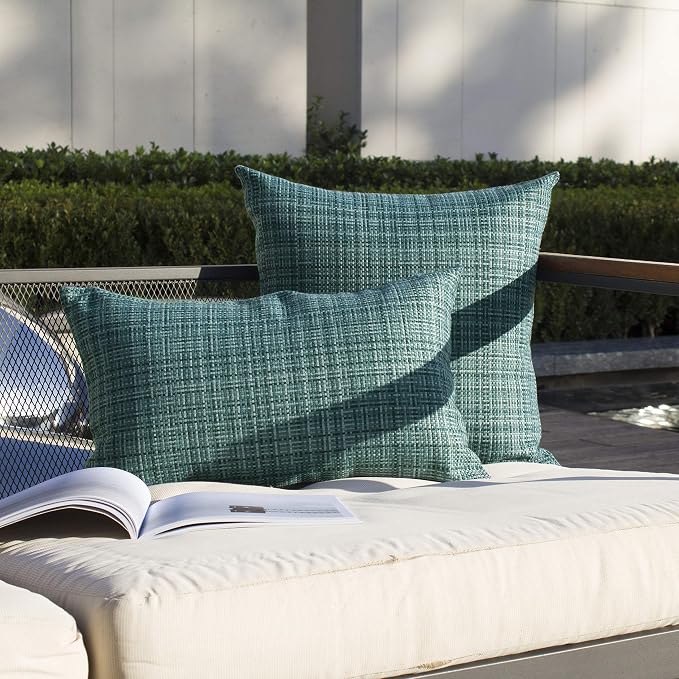 Kevin Textile Outdoor Waterproof 26x26 Inch Pillow Covers 2 Pack, Teal | Water Resistant, Faux Linen Yarn-dyed, Woven Texture Euro Throw Pillow Covers for Tent Patio Garden Couch Sofa