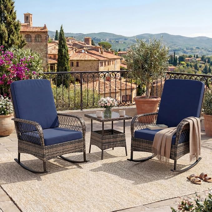 GarveeHome 3-Piece Outdoor Rocking Chair Set, Wicker Rattan Patio Furniture with Glass-Top Coffee Table, Modern Conversation Seating with Cushions for Porch, Backyard (Brown Rattan & Blue Cushion)