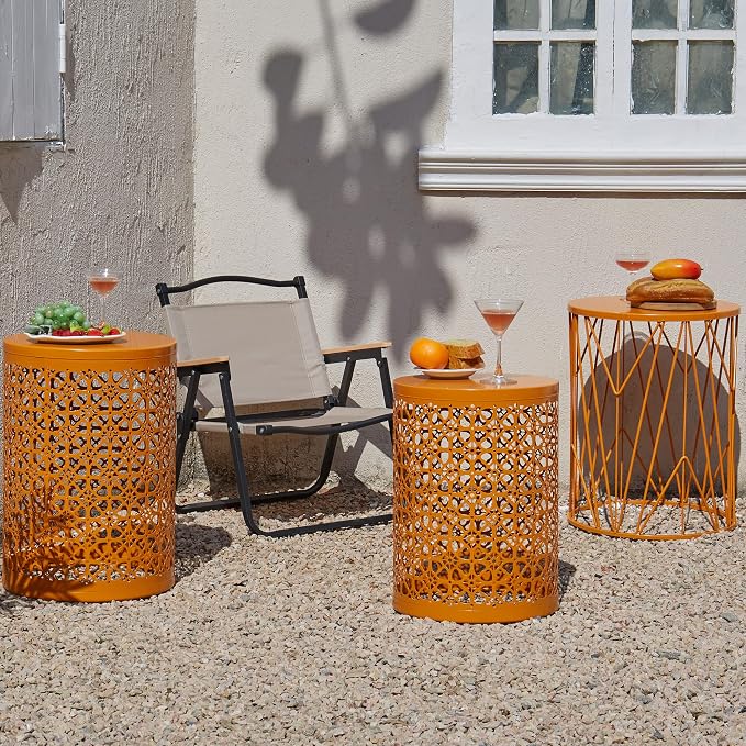 Y&M Set of 3 Stacking Coffee Table for Living Room, Patio Side Table, Indoor End Tables for Bedroom, Outdoor Decorative Garden Stool with Heavy Duty Metal Frame Modern Industrial Decor - Orange