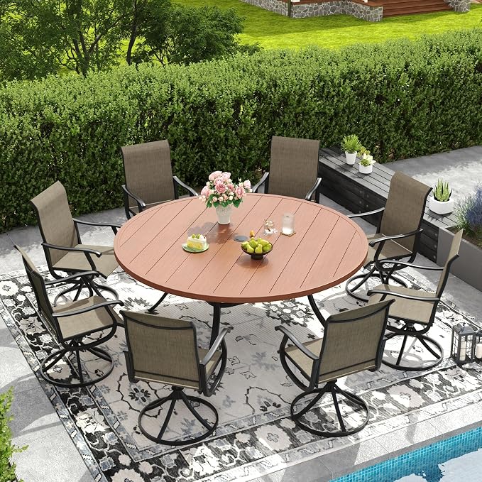 DIFY Outdoor Dining Set for 8, 9 Piece Patio Table and Chairs Set, Swivel Patio Dining Chairs with Brown Textilene & 63" Walnut Round Metal Dining Table with Umbrella Hole, for Garden Backyard Deck