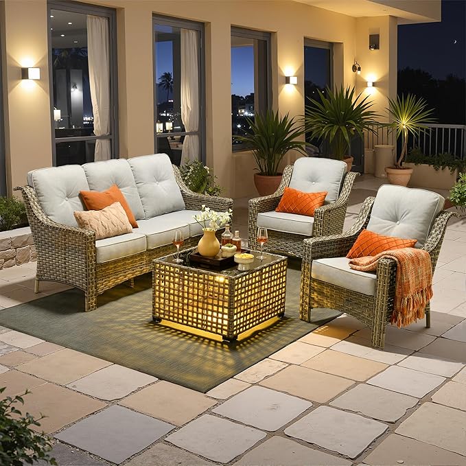 Outdoor Patio Furniture Sets, 4 PCS Patio Conversation Set Outside Rattan Sofa with Solar Light Coffee Table Comfy Cushions Fit Backyard Porch Garden Poolside Balcony,Light Grey