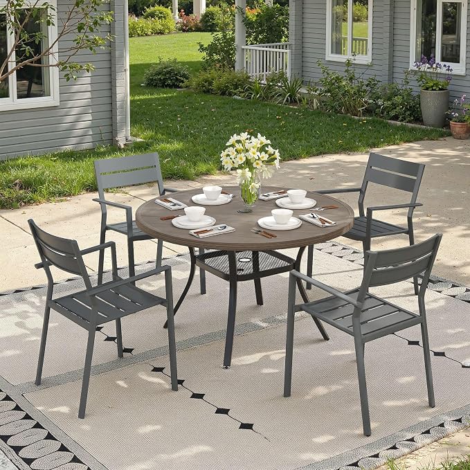 Patio Dining Set for 4, 40.6" Outdoor Dining Table and Chairs Set with Stackable Patio Chairs Outdoor Furniture Outdoor Furniture for Garden Deck Backyard, Grey Table and Grey Chairs
