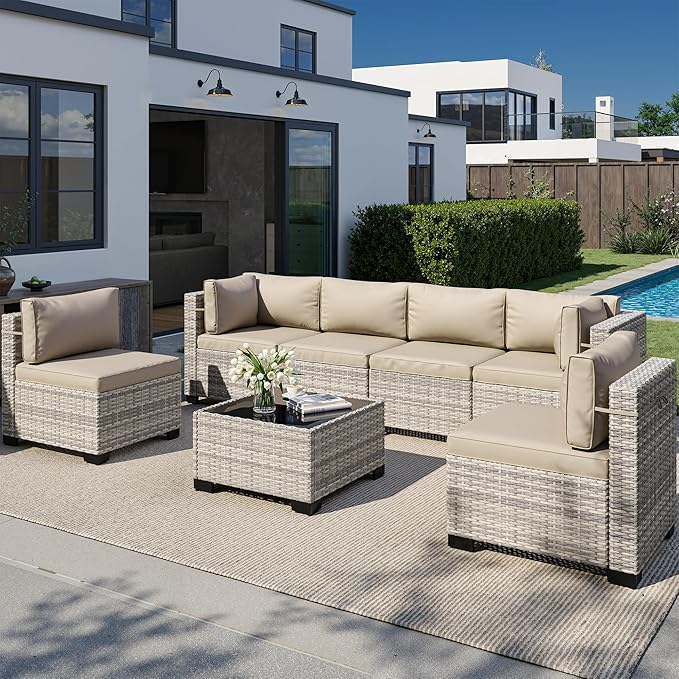 7-Piece Outdoor Patio Furniture Set, PE Wicker Rattan Sectional Sofa Conversation Set with Tempered Glass Table & Thick Cushions - All-Weather Garden, Backyard Furniture, Beige