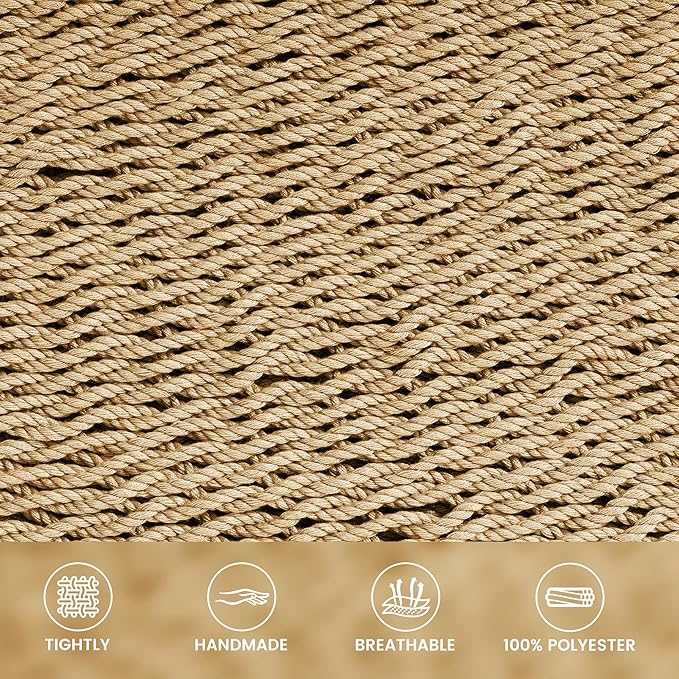 Lazy Daze Hammocks 2 Person Caribbean Rope Hammock with Wood Stand, 10.5FT Polyester Hammock with Spreader Bars, 13FT Heavy Duty Stand Combo, 450 LBS Capacity for Outdoor Backyard Garden Poolside, Tan