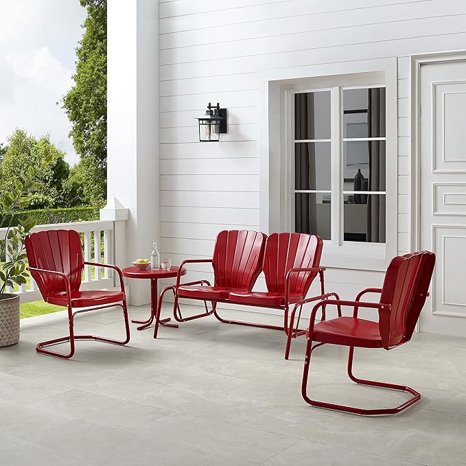 Crosley Furniture Ridgeland 4-Piece Retro Metal Outdoor Loveseat Glider Patio Furniture Set for Porch, Deck, Bright Red Gloss