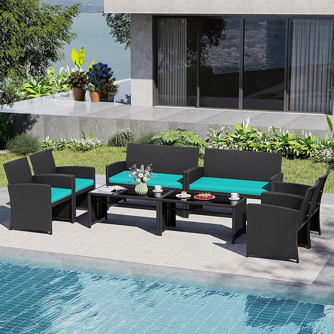 Tangkula 8 Pieces Patio Wicker Furniture Set, Outdoor Heavy Duty Rattan Cushioned Chairs, Loveseat and Tempered Glass Coffee Table, for Backyard, Balcony, Poolside (Turquoised,2)
