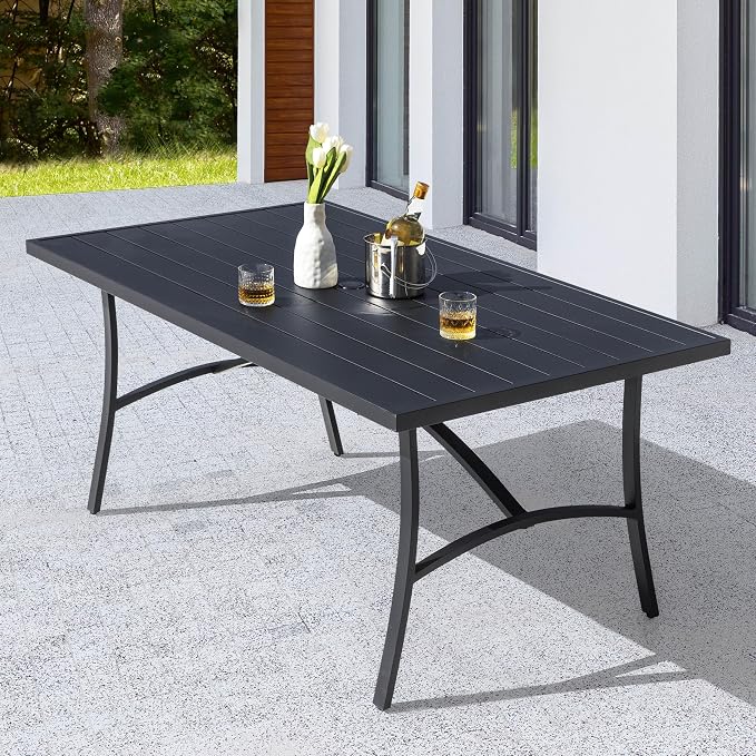 NUU GARDEN 63" x 36" Patio Table for 6 People, Outdoor Patio Dining Table with 1.60" Umbrella Hole, Aluminum Tabletop and Sturdy Frame Perfect for Lawn Backyard Garden, Black