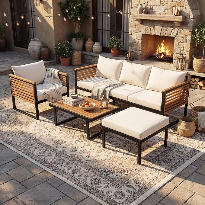 Virubi 4-Piece Acacia Wood and Metal Patio Sofa Set, Sturdy Iron & Acacia Frame, Water-Repellent Upholstery Cushions, Outdoor Conversation Sofa Set with 3-Seater, Club Chair, Ottoman & Table