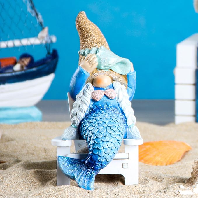 Mermaid Gnome Statue Garden Decor,Beach Gnomes Figurine for Outdoor Indoor | Garden Gnomes Outdoor Decor for Planter, Patio, or Yard ,7.8” Mermaid Gnomes Decor,Gnome Gifts Beach Decor for Home Bathroom
