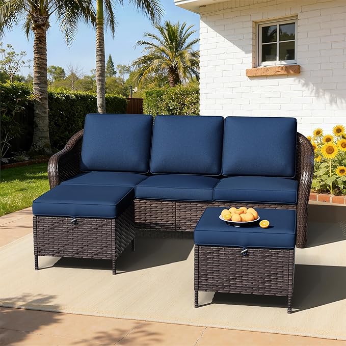 Patio Sectional Sofa Set | 78" 3-Seat Couch with 2 Ottomans, Outdoor Conversation Furniture Set, Outside Wicker Furniture with Washable Cushions (Navy Blue)