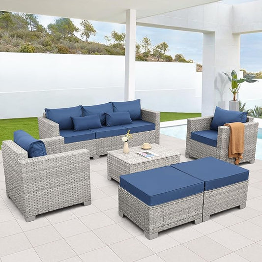 WAROOM Patio Furniture Set 6 Piece PE Rattan Outdoor Conversation Sets Grey Wicker Couch Sectional Sofa with Storage Coffee Table and Navy Blue Cushion