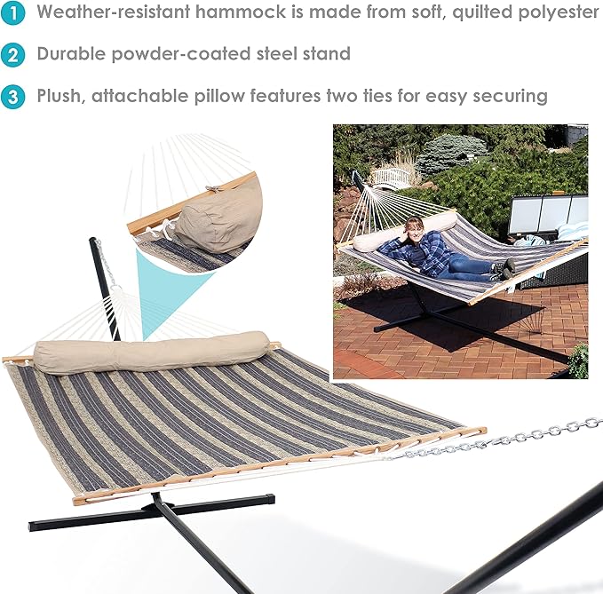 Sunnydaze Quilted Double Hammock with Stand for Outside - 400-Pound Capacity 2-Person Hammock with Stand - 15-Foot Stand - Mountainside
