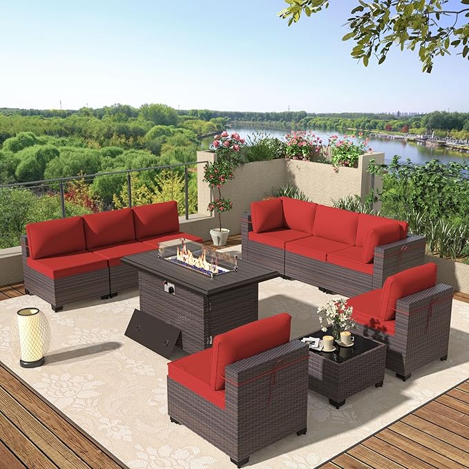 Patio Furniture Set with Fire Pit Table 10 Pieces Outdoor Sectional Sofa Set,PE Rattan Wicker Patio Conversation Set w/43in 55000 BTU Propane Fire Pit Table,Red