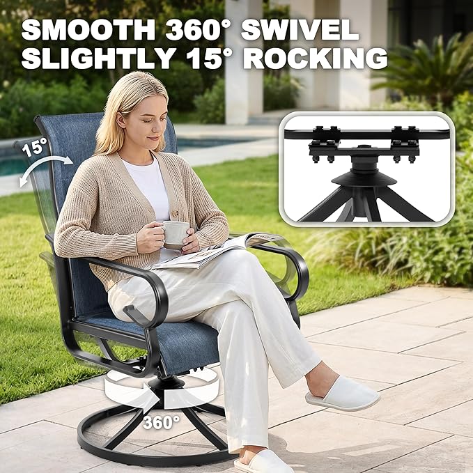 NUU GARDEN 5-Piece Breathable Textilene Outdoor Dining Set, Slatted Outdoor Table and Chairs with Swivel Base, All Weather Patio Furniture Set with Umbrella Hole for Backyard, Garden, Blue