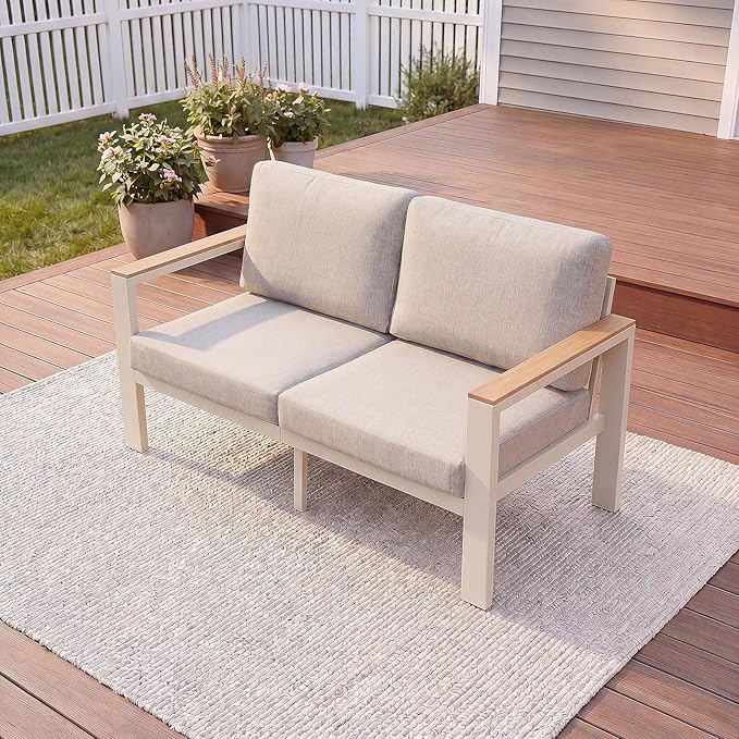 Aluminum Outdoor Loveseat,2-Seat Patio Furniture Loveseat with 1.5mm Thick Powder-Coated Frame, Anti-Hot Armrest & Waterproof Removable Cushions, Weather Resistant Outdoor Sofa for Backyard Porch