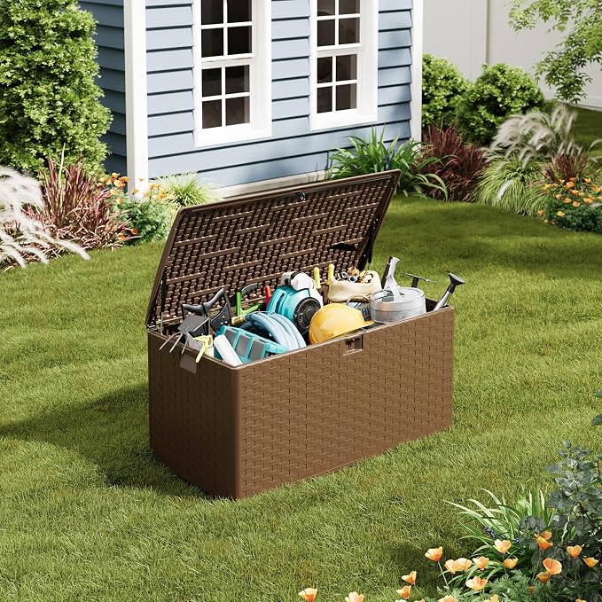 CABIHOME 99 Gallon Outdoor Resin Deck Box, Waterproof Lockable Patio Storage Bench with Handles, Large All-Weather Container for Furniture Cushions Garden Tools Pool Accessories