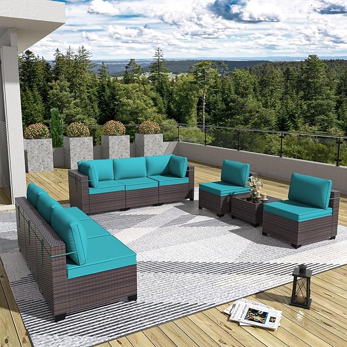 Patio Furniture Set 9 Pieces Outdoor Sectional Sofa Set,All Weather Wicker Patio Sofa PE Rattan Patio Conversation Set w/Cushions and Glass Coffee Table,Blue