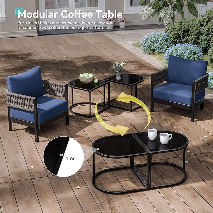 Kullavik Aluminum Patio Furniture Set 5 Pieces,Metal Outdoor Furniture with Modular Coffee Table,HDPE Rope Sectional Conversation Set w/5.9" Thick Cushions for Deck,Porch,Backyard