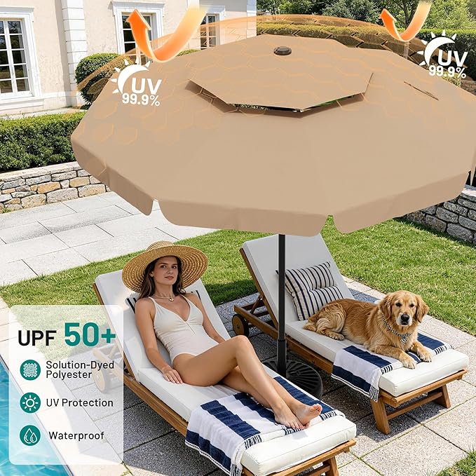 AreShark 12ft 2-Tier Patio Umbrella with Valance - Outdoor Umbrella Waterproof UV Protection, Market Table Umbrella w/ 8 Sturdy Ribs&Crank for Pool, Backyard, Garden(Beige)