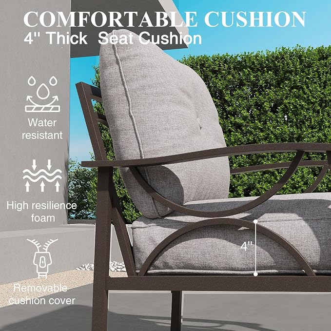 RoyalCraft Outdoor Patio Furniture Set, 4 Piece Patio Conversation Set with Coffee Table, Metal Furniture Set for Porch Backyard Garden, Grey
