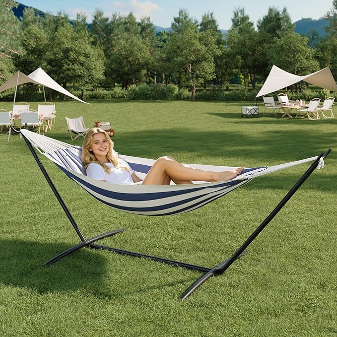 2-Person Hammock with Stand, 450lbs Capacity, Cotton Linen, Heavy-Duty Steel Frame, Portable Carry Bag for Patio, Backyard & Poolside