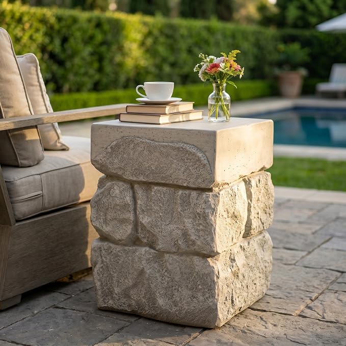 Square Outdoor Concrete Side Table,Patio End Table, Faux Stacked Stone Accent Table with Wave for Indoor Outdoor, Garden Stool Coffee Table for Patio, Garden, Backyard - 14.57" Grey MgO