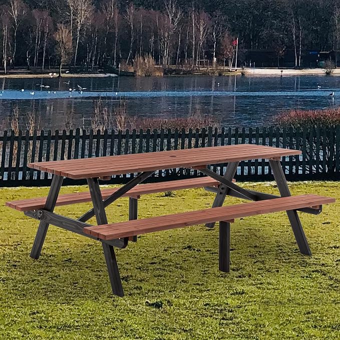 KEIKI 75" Solid Wood Picnic Table Set with Benches, Heavy-Duty Outdoor Dining Table for 6–8 People, Patio Table with Umbrella Hole, Rustic Brown for Backyard, Lawn, 2220lb Capacity, Brown/Black