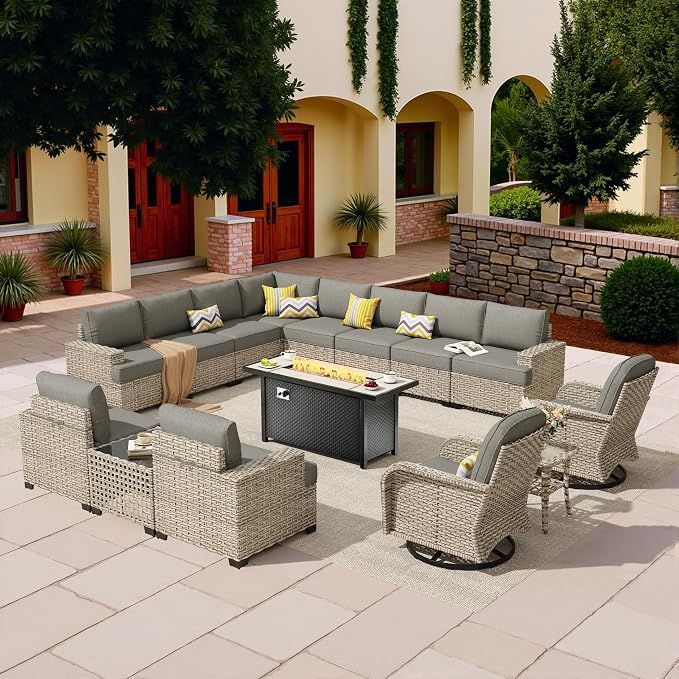 HOOOWOOO Sectional Patio Furniture Set with Fire Pit Table,15 Pieces Wicker Outdoor Furniture L Shaped Couch,Outside Conversation Set Extra Deep Seat Sofa Wide Arm Swivel Chairs Solar Light,Black