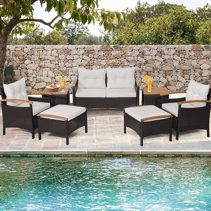 Tangkula 7 Pieces Patio Rattan Sofa Set, Outdoor Wicker Conversation Set w/Seat & Back Cushions, 2 Ottomans & 2 Coffee Tables, Acacia Wood Tabletop & Armrests, Wicker Sofa Set for Backyard, Poolside