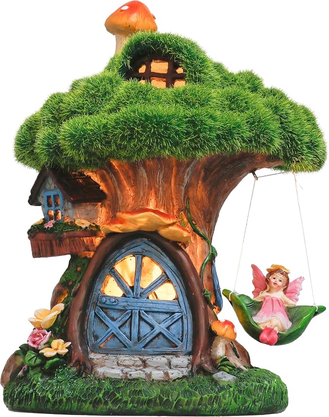 TERESA'S COLLECTIONS Fairy House Outdoor Statues with Solar Light for Garden Decor, Green Moss Resin Outdoor Cottage with Swinging Fairy, Lawn Ornaments Yard Decor Gifts for Mom Women, 8"