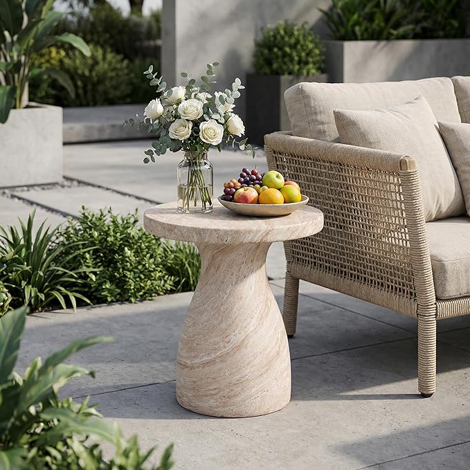 Outdoor Side Table Faux Marble End Table Faux Stone Side Tables Travertine Small Coffee Tables for Indoor Outdoor, Garden Stool Plant Stand for Porch, Backyard Patio, 20"*23*-Beige