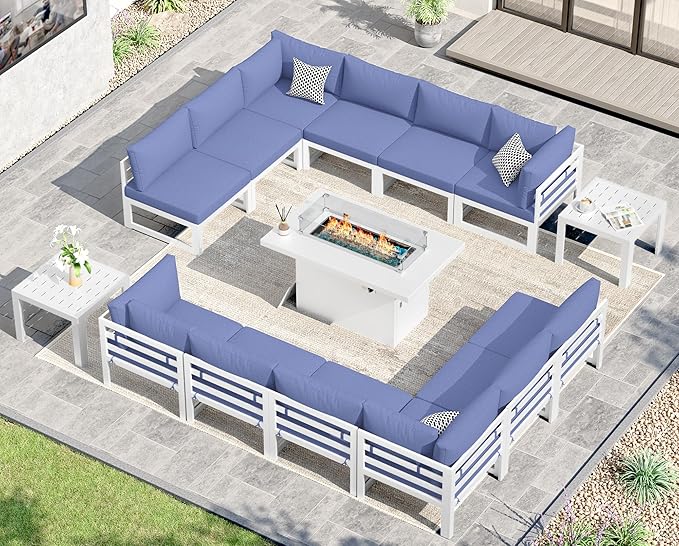 NICESOUL 15 Piece Extra Large Aluminum Outdoor Furniture Set with Firepit, Luxury Patio Sectional with Coffee Table, 500lbs Sturdy Comfortable Couch Sofa Conversations for Outside Garden, Denim Blue
