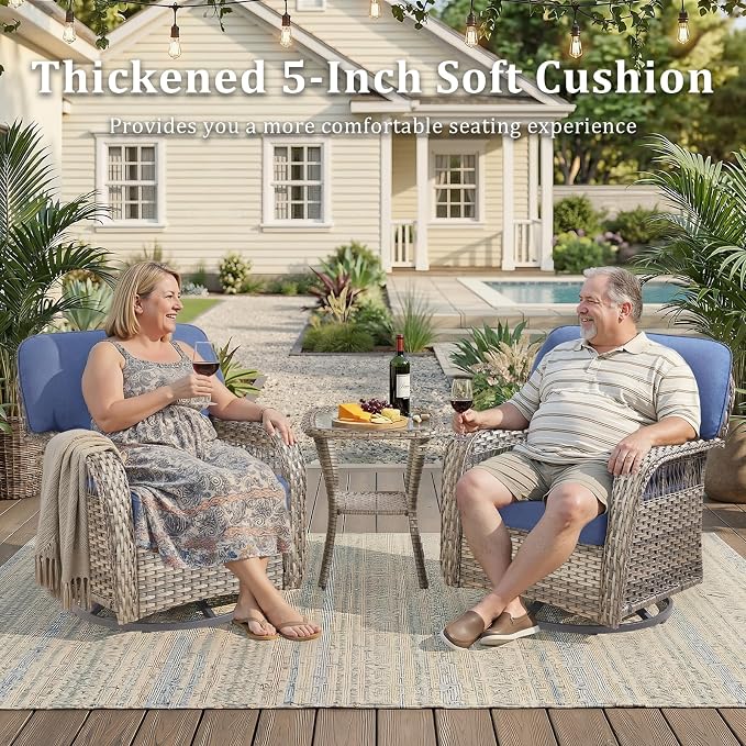 6 PCS Patio Furniture Set Outdoor Sectional Sofa Couch with Rocking Swivel Chairs 5" Deep Seat Chairs, 2 Sofa Sets Modern Wicker Rattan Conversation Set, Blue/Gray Wicker